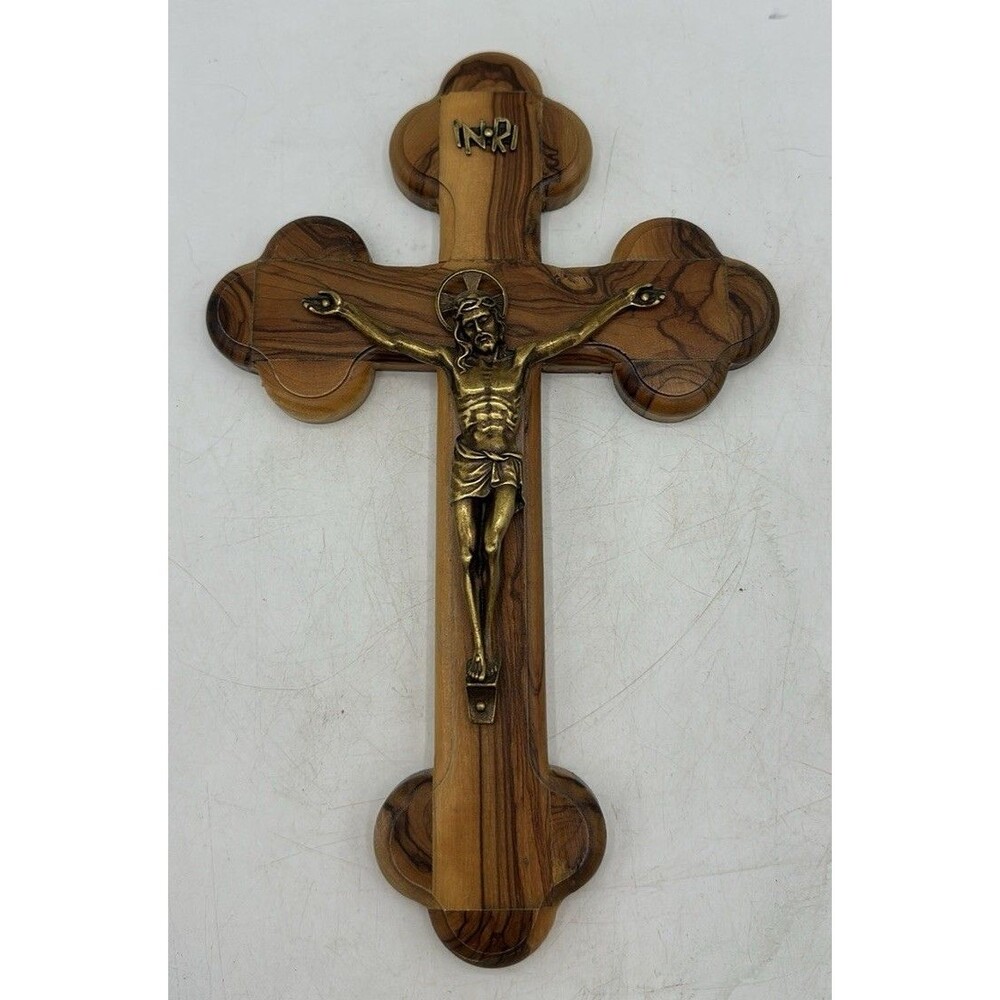 Crucifix Cross Jesus Olive Wood Bethlehem Pewter Wall Mount